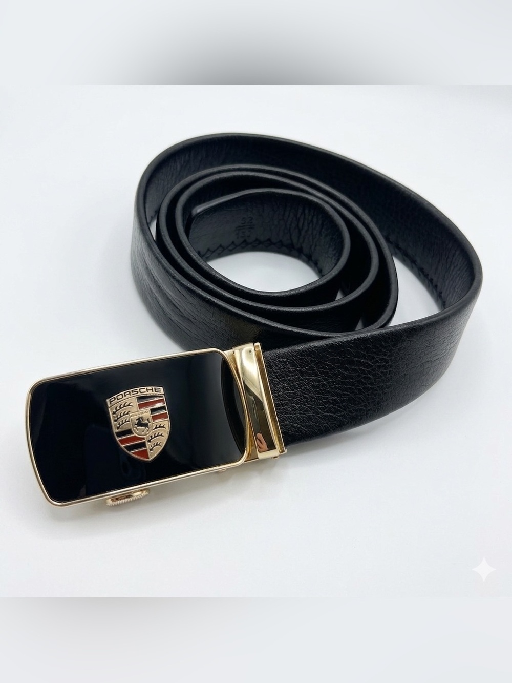 PORSCHE Black Faux Leather Men's Belt with Gold-Tone Buckle 43 inches Lenght